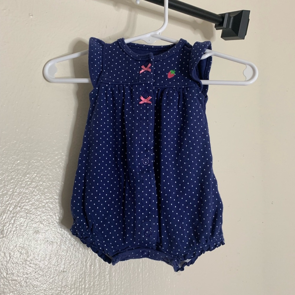 Carter's Navy Newborn Romper with White Dots and Pink Strawberry
